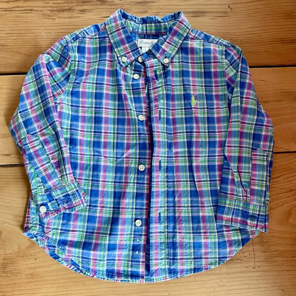 Ralph Lauren Boys Plaid Button-Down Shirt Summer Blue Pink Green 24 month